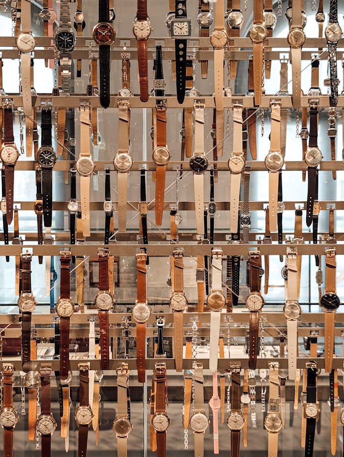 A sophisticated arrangement of luxury watches on display in Glashütte, Saxony, Germany.